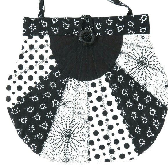 Handmade Quilted Patchwork Shoulder Bag Purse Black White Floral Button Closure - Picture 2 of 8